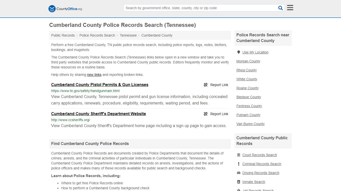 Cumberland County Police Records Search (Tennessee) - County Office