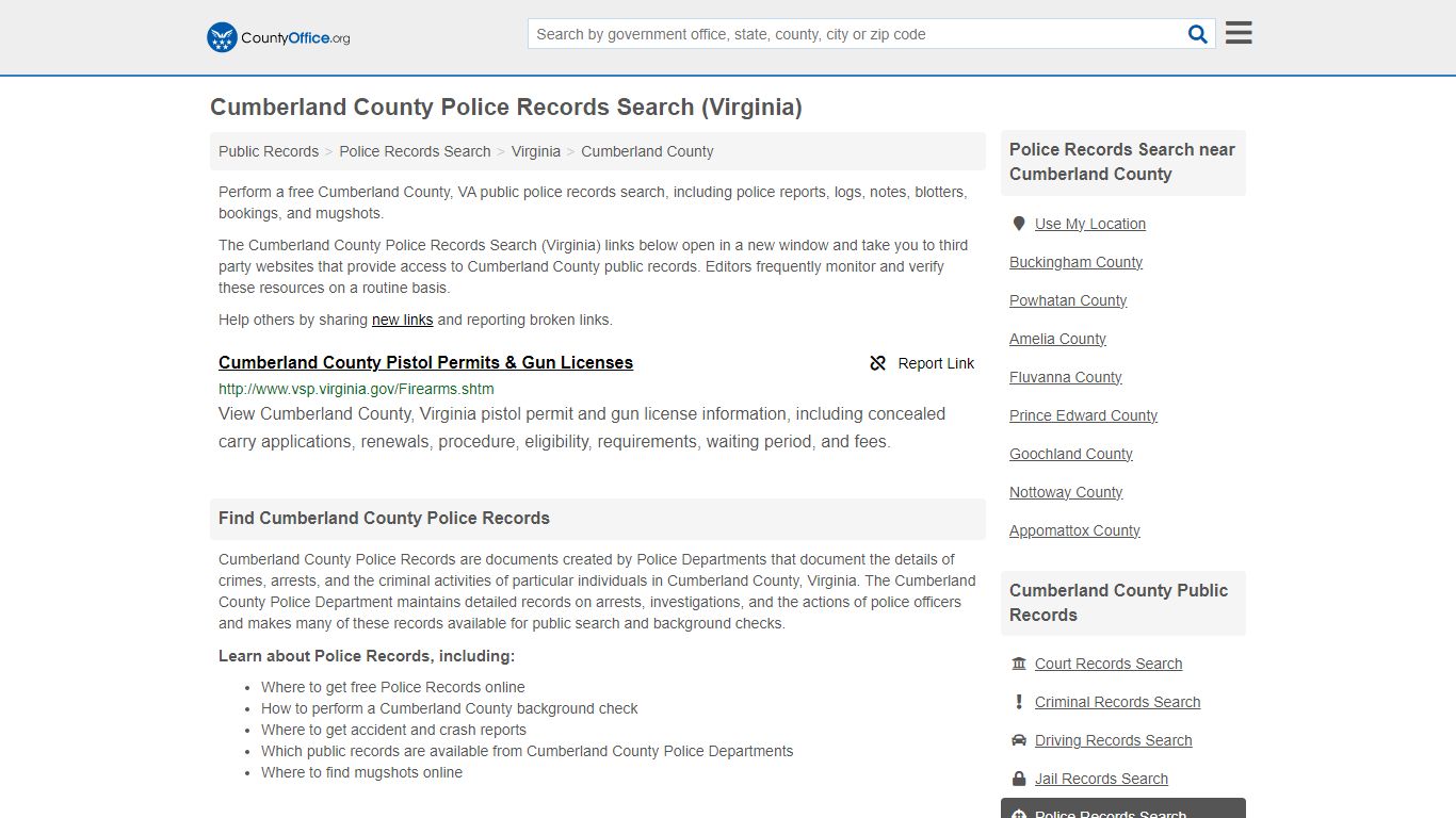 Cumberland County Police Records Search (Virginia) - County Office